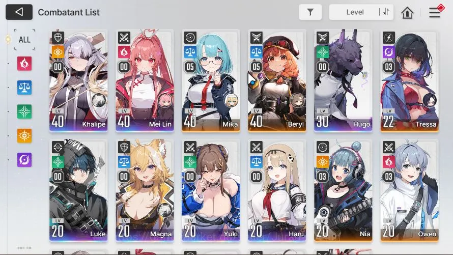 Chaos Zero Nightmare Accounts GLOBAL LV32| 7SSR(Khalipe Meilin Hugo Luke Magna Yuki Haru)+ 10SR (MikaM5,BerylM5,Etc 2