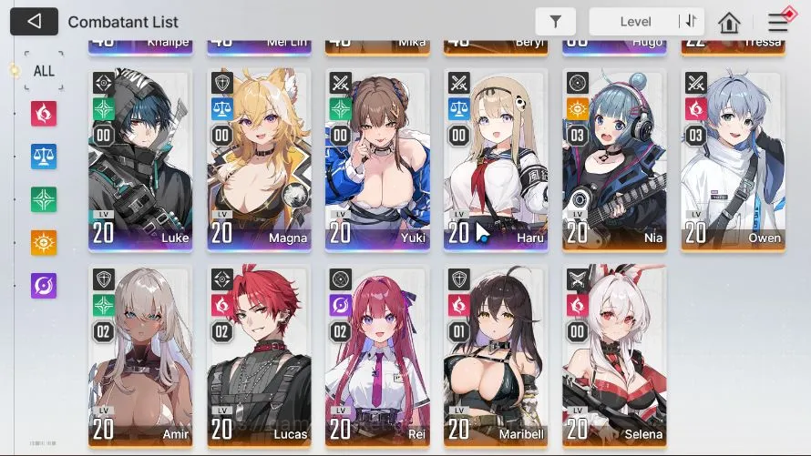 Chaos Zero Nightmare Accounts GLOBAL LV32| 7SSR(Khalipe Meilin Hugo Luke Magna Yuki Haru)+ 10SR (MikaM5,BerylM5,Etc 3