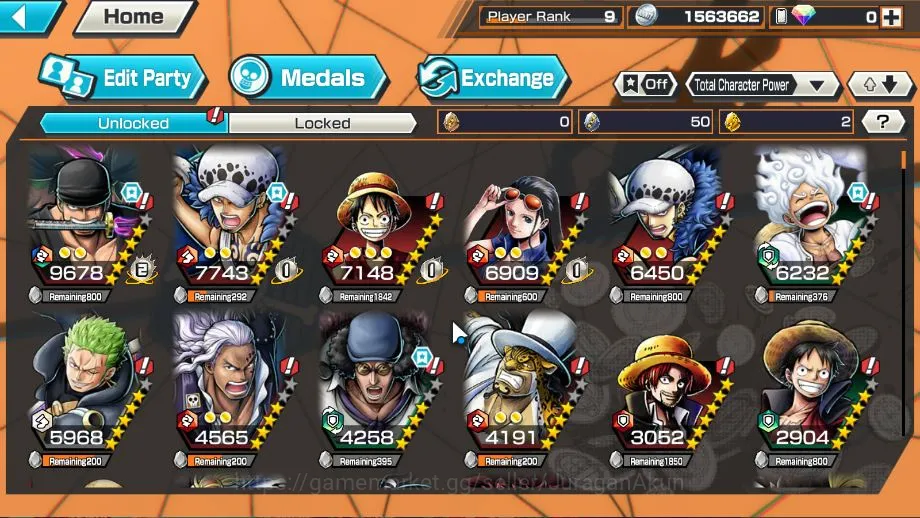 Global|5 META EX|Oniga Zoro, Winner Trafalgar Law, Gear Five MD Luffy, BP Kuzan,Daimyo Oden|Rank 9|Log Bandai|Check SS(OPBR1550) One Piece Bounty Rush Accounts Starter Global|5 META EX|Oniga Zoro, Winner Trafalgar Law, Gear Five MD Luffy, BP