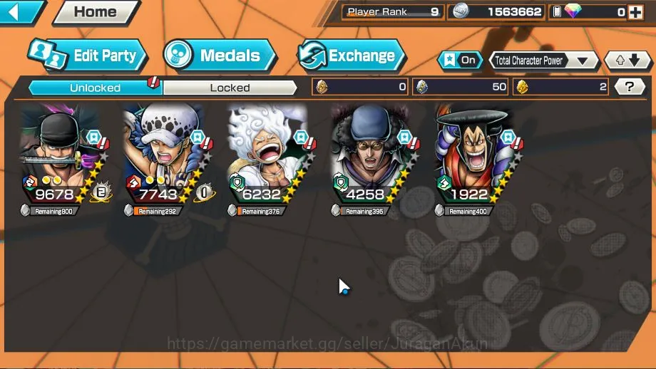 One Piece Bounty Rush Accounts Starter Global|5 META EX|Oniga Zoro, Winner Trafalgar Law, Gear Five MD Luffy, BP 2