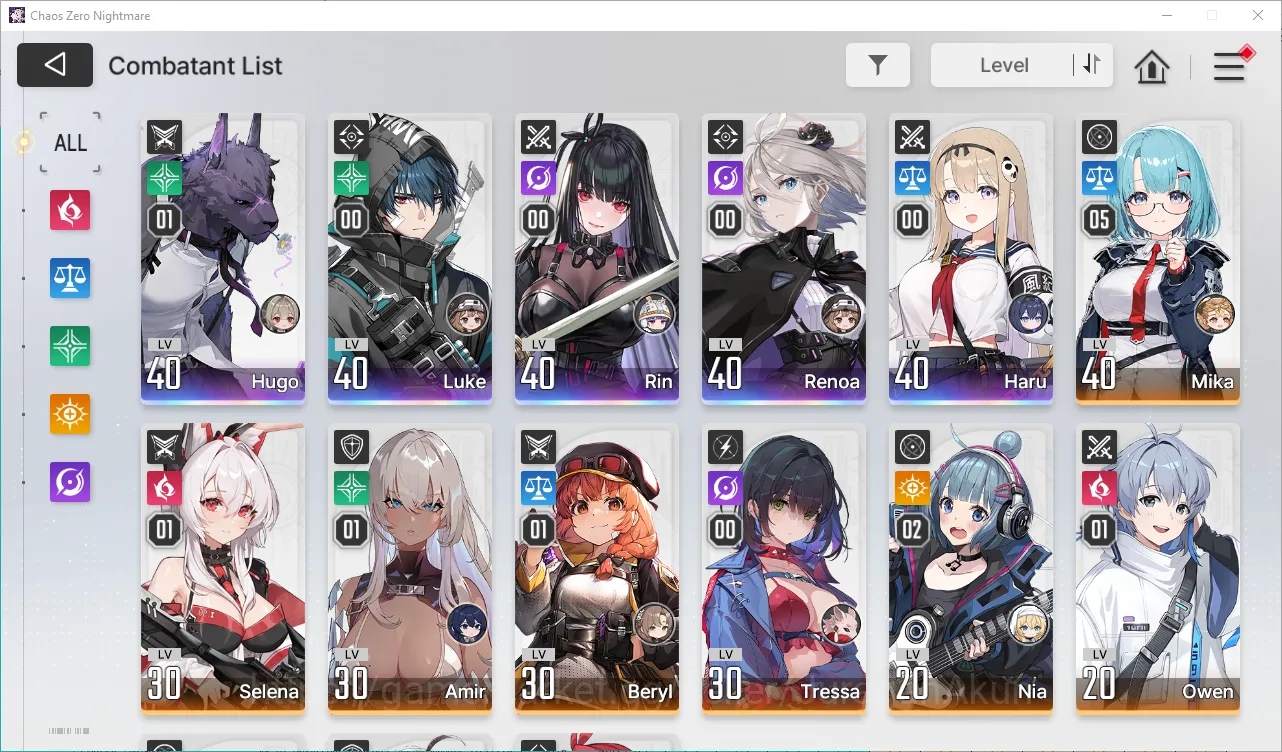 Chaos Zero Nightmare Accounts GLOBAL Lv40| 11k Cry + 40 Limit Orb| 5 SSR (Haru+Sign,HugoM1,Rin,Reno,Luke) + 10SR 5