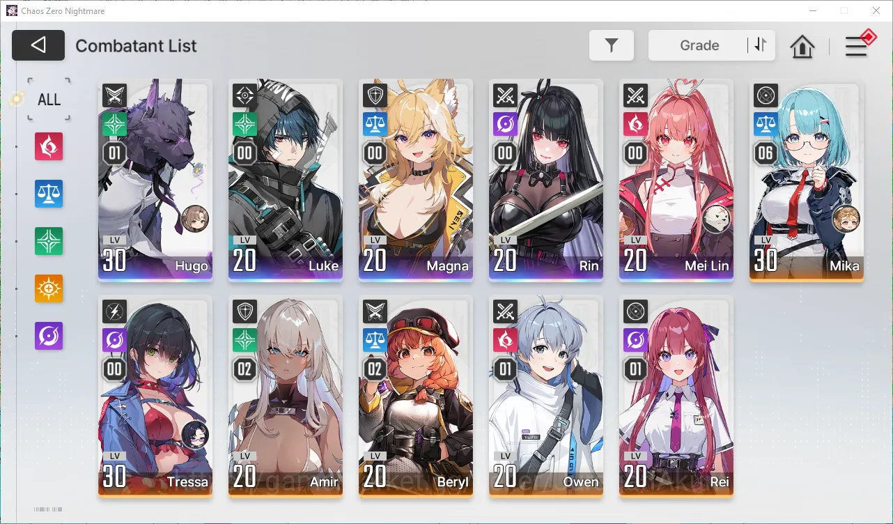 Chaos Zero Nightmare Accounts ASIA Lv29| 5 SSR (HugoM1,Luke,Magna,Rin,MeiLin) + 6 SR (MikaM6,BerylM2,etc) + 17 SR Partners 8