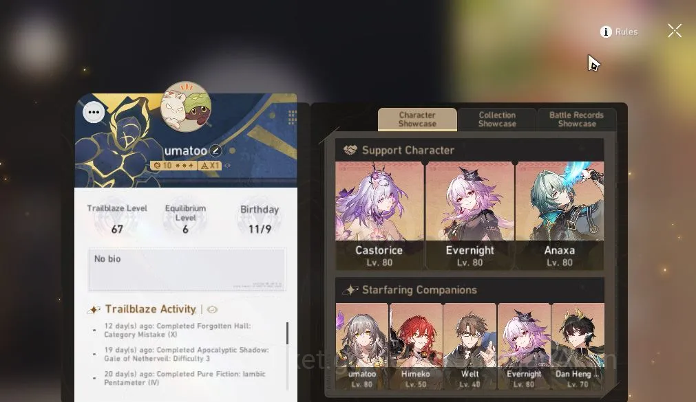 ASIA |TL 67|Free GI| 8 Limited |Evernight+Sign,Castorice,Huohuo,Anaxa,Mydei,Etc|Mc Female|Amphoreus|Take Mail|Check SS(HSR4065) Honkai Star Rail End Game ASIA |TL 67|Free GI| 8 Limited |Evernight+Sign,Cas image 1