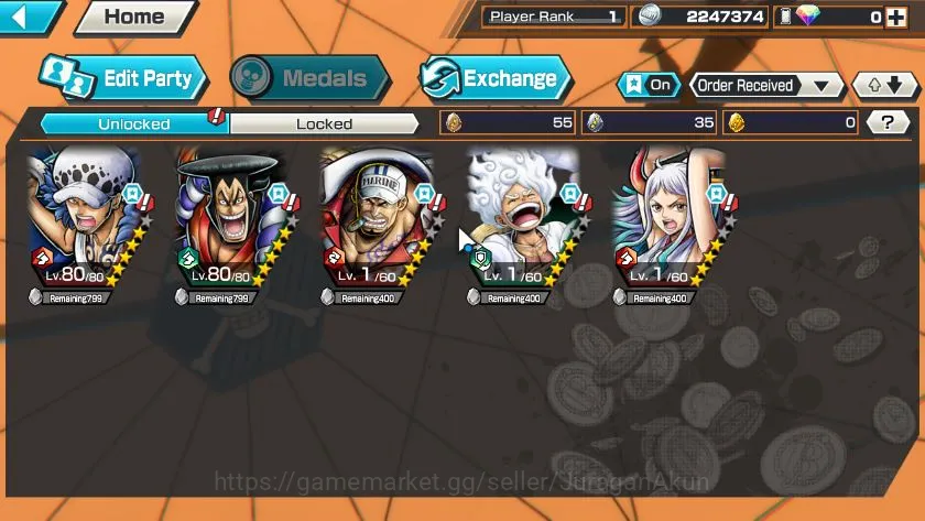One Piece Bounty Rush Accounts Starter Global|5 META EX|Monkey D Luffy G5,Trafalgar Law,Kozuki Oden,Sakazuki,Yamato|Rank 2
