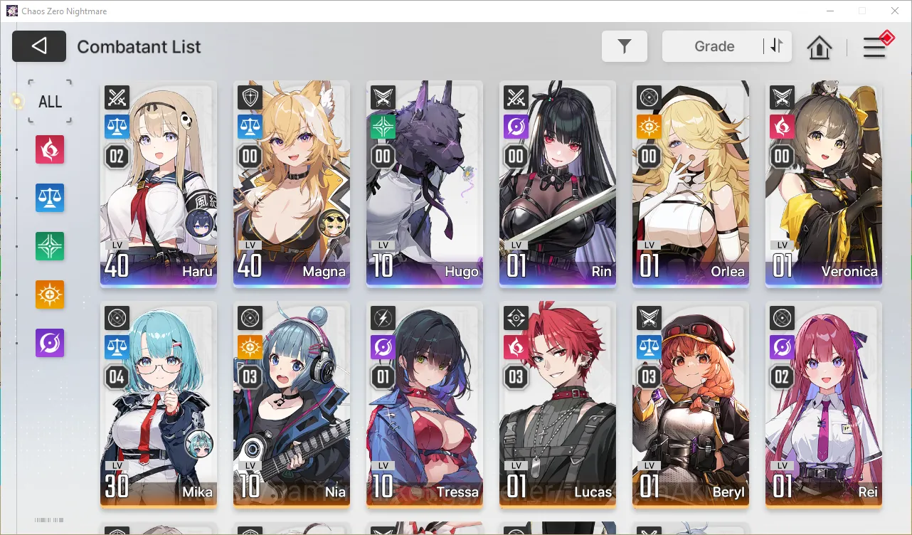 Chaos Zero Nightmare Accounts GLOBAL Lv33| 6 SSR (HaruM2+Sign,Magna,Hugo,Rin,Orlea,Veronica) + 11 SR (MikaM4,NiaM3,etc) |Log 6