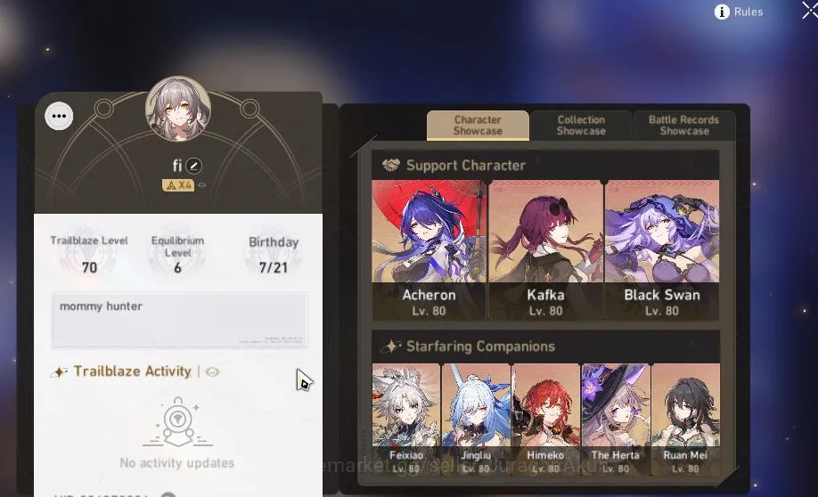 Honkai Star Rail Accounts End Game ASIA|TL 70|16 Limited|[Acheron E2,kafka,Jingliu,FireFly]+Sign BlackSwan 2