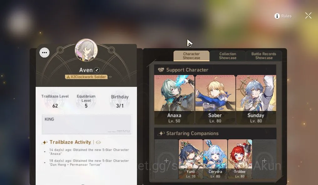 ASIA|TL 62|9 Limited|Saber E1+Sign ,Archer+Sign,Sunday,Cerydra,B3,Yunli,Anaxa,Etc|Amphoreus|Take Email|Check SS(HSR4002) Honkai Star Rail Mid Game ASIA|TL 62|9 Limited|Saber E1+Sign ,Archer+Sign,Su image 1