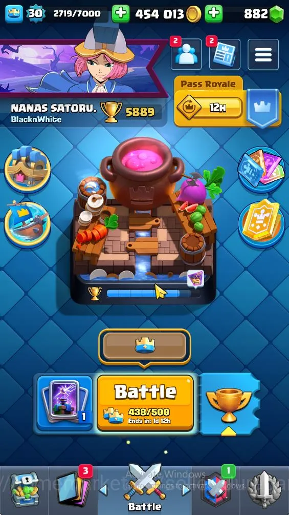 Lvl 30|Trophy 5889|KTL 11|Card 99|4 EVO,1 Champion,7 Legend,32 Epic,30 Rare,29 Common|Gems 882|TakeEmail(CR904) Clash Royale Midgame Lvl 30|Trophy 5889|KTL 11|Card 99|4 EVO,1 Champion image 1