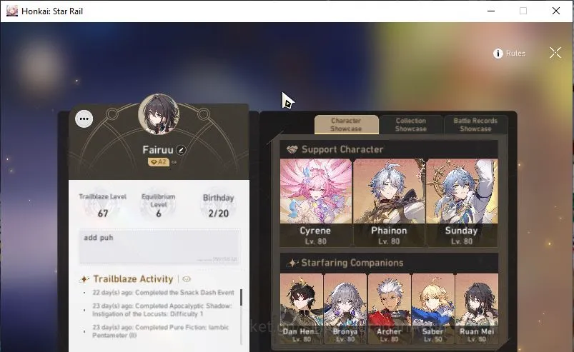 Honkai Star Rail Accounts Mid Game Asia|TL 67| 7 Limited |(Cyrene,Phainon,Archer)+Sign [Sunday,Saber,Ruan Mei Etc] |MC 4