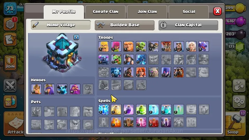 Clash of Clans Accounts Mid-Tier TH 13 - BH 7|LV 73|HH 6|BK 27,AQ 36,GW 14,MP 21,RC 0|Gems 186|CN OFF|ProtectOFF|TAKE 3