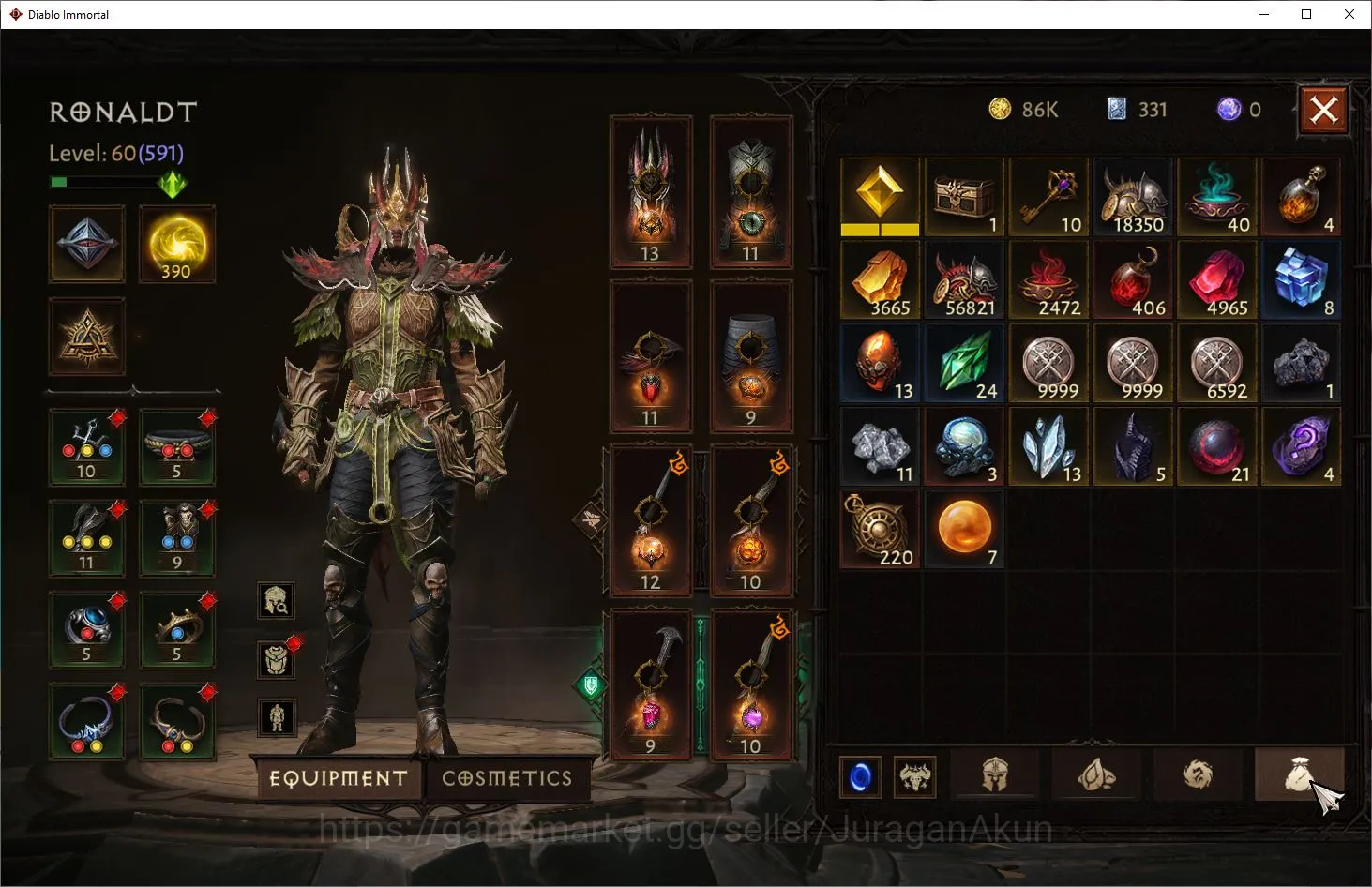 Diablo Immortal Accounts Mid-Tier SEA - Izual | Lv60 (591) Tempest | 32K CR | Reso 390 | Hell III | Paragon Maledictor 3