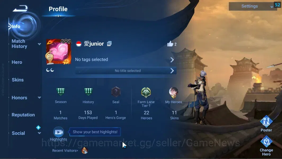 Honor of Kings Accounts Hero 22 Skin 11|Starter with Legend Skin(Yao)+Epic image 2