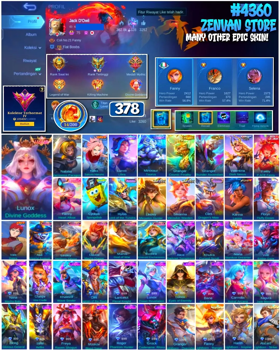 Mobile Legends: Bang Bang Accounts #4360 378 Skins | Lunox Divine Goddess (LEGEND) | Kalea Sakura Haruno (NARUTO) | Vale 1