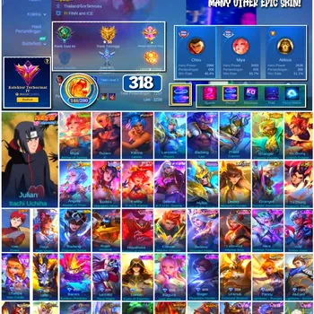 Mobile Legends: Bang Bang Accounts #4293 318 Skins | Julian Itachi Uchiha (NARUTO) | Gusion K' (KOF) | Vale Gaara (NARUTO