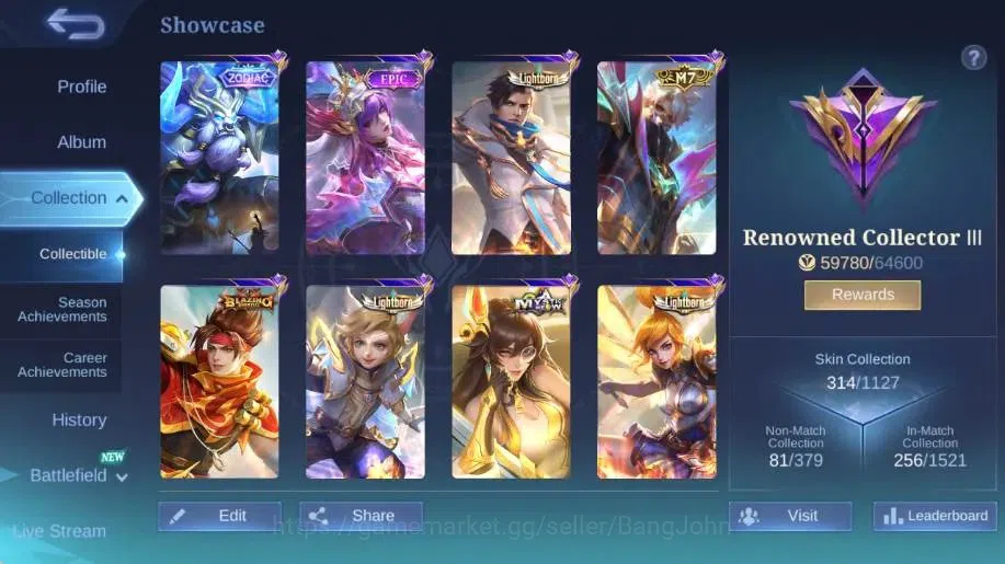 Mobile Legends: Bang Bang Accounts Collector Global|Skin 314|Renowned|KOF Karina,Collector Natalia,Lightborn 2