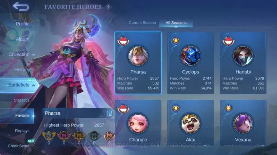 Mobile Legends: Bang Bang Accounts Collector Global|Skin 314|Renowned|KOF Karina,Collector Natalia,Lightborn 4