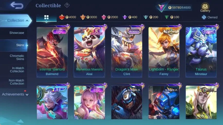 Mobile Legends: Bang Bang Accounts Collector Global|Skin 314|Renowned|KOF Karina,Collector Natalia,Lightborn 7