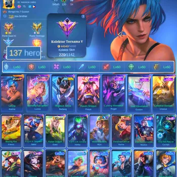 Mobile Legends: Bang Bang Accounts Rare Skin HERO 137 SKIN 220 | EMBLEM ALL MAX| LUCKBOX LUNOX | EPIC FRAYA | EPIC GUSION