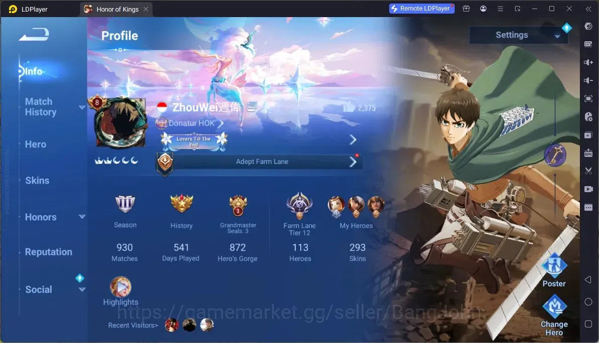 Honor of Kings Accounts Rare Skin Global |113H 293S|Flawless Kaizer,Flawless Arli,Flawless Frozen LadyZhen,Precious D.Conan 1