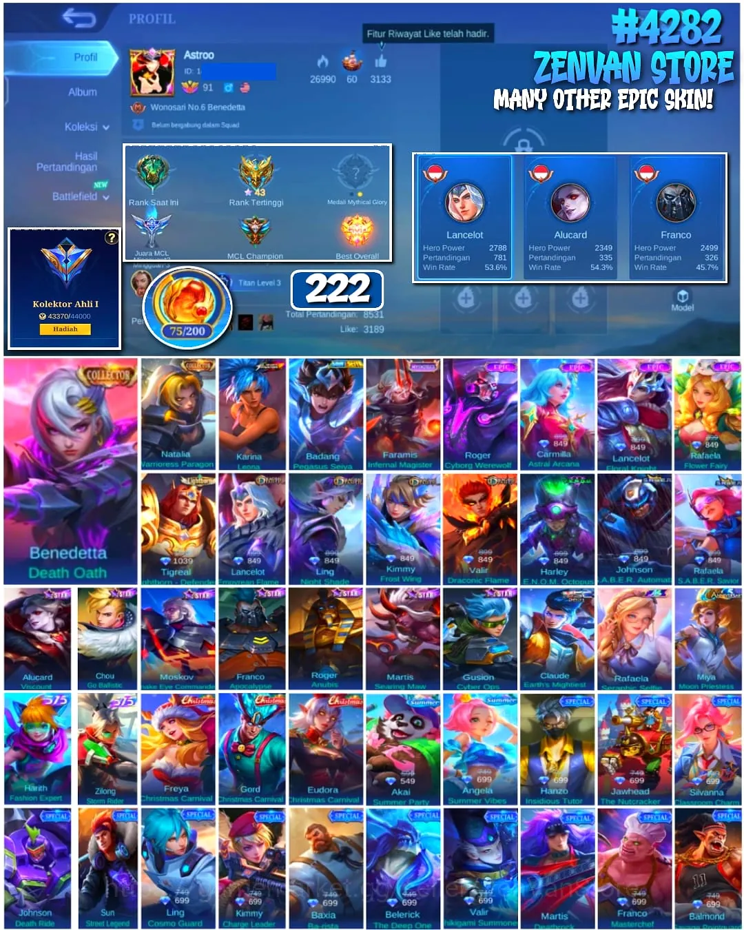 Mobile Legends: Bang Bang Accounts #4282 222 Skins | Benedetta Death Oath (COLLECTOR) | Natalia Warrioress Paragon 1