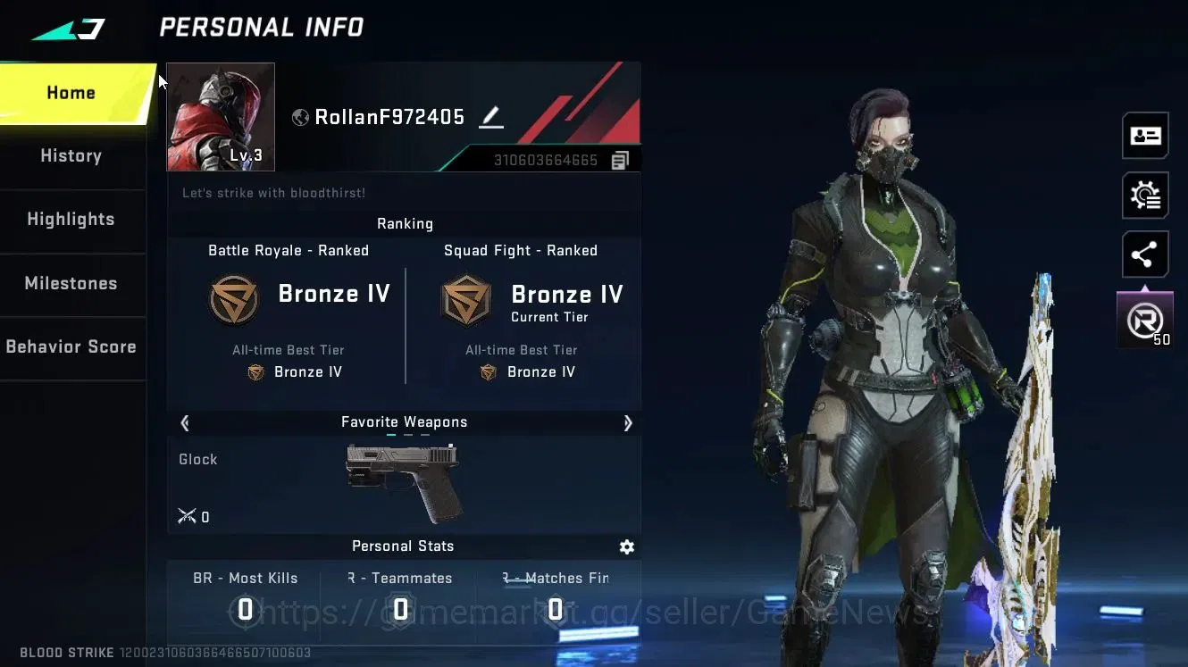 Blood Strike Accounts Others ASIA|ETERNAL M700-Seraph Lv3|ULTRA Melee Lightblade-Dark Force|Name Changing Card|Bronze 2