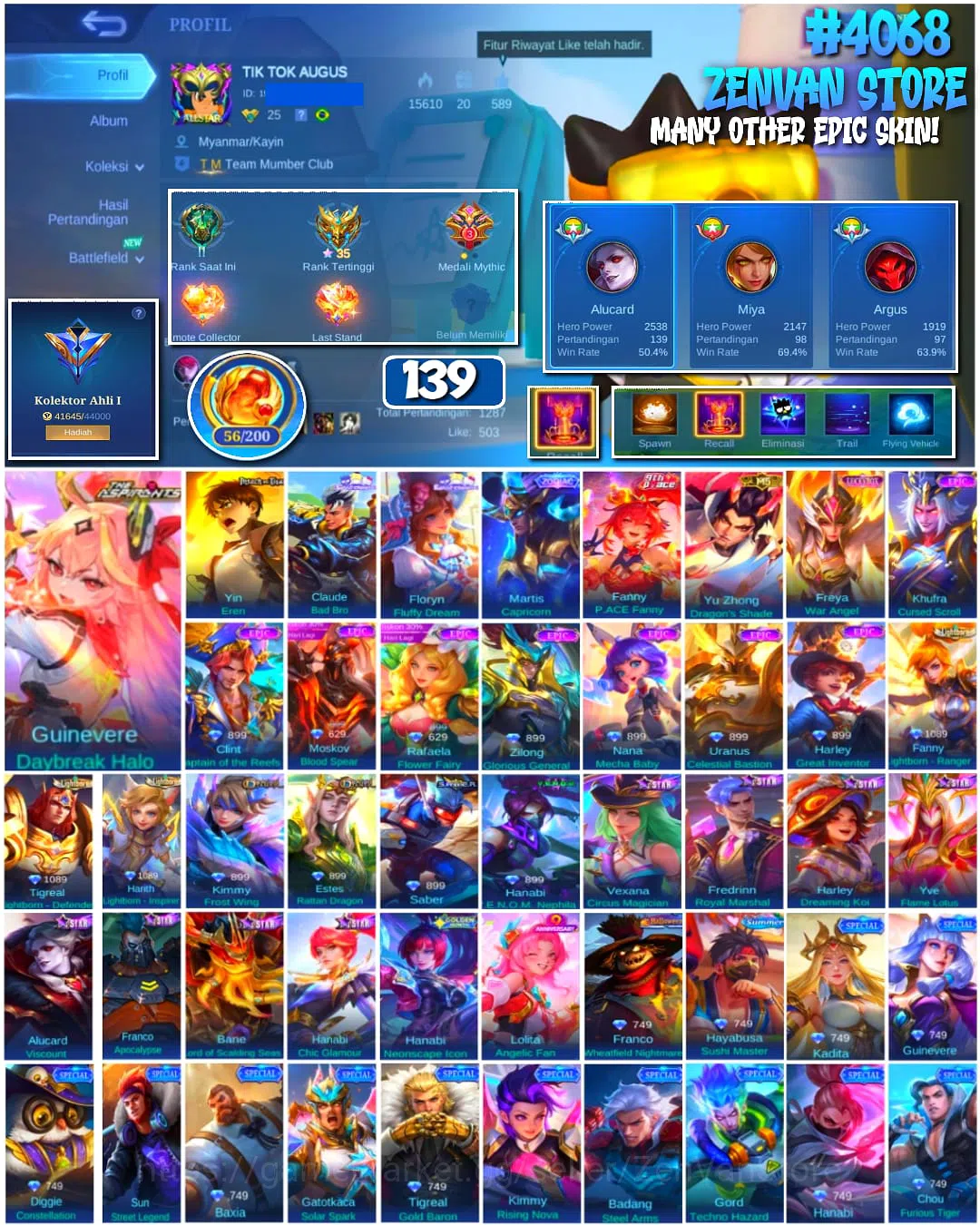 Mobile Legends: Bang Bang Accounts π₯ #4068 π₯ π 139 Skins π Aspirants Guinevere Daybreak Halo βοΈ Attack on Titan Yin Eren 1