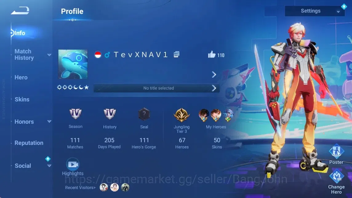 Honor of Kings Accounts Rare Skin Global|67H 50S|Legend Lam & Kaizer|Epic [Gao Changgong,Gao,Lu Bu,Cai 1
