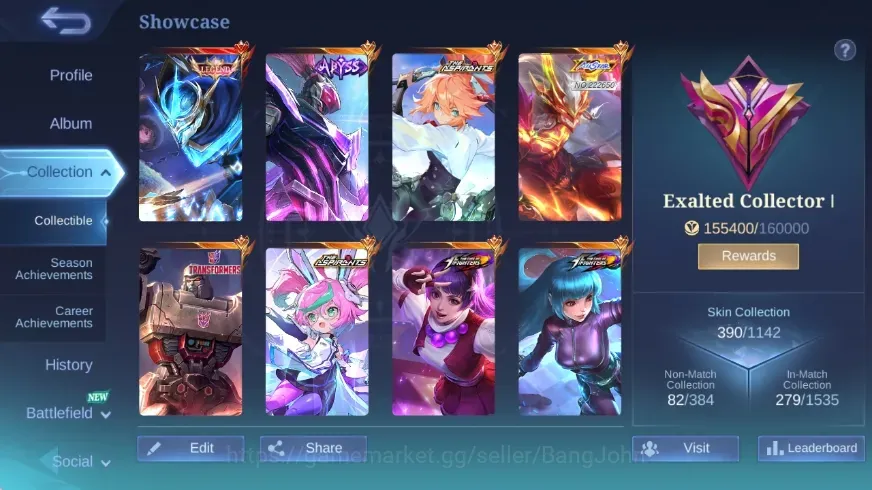 Mobile Legends: Bang Bang Accounts Collector Global|Skin 390|Exalted|Legend Gusion,Aspirants Fanny+Chang'e,KOF 1