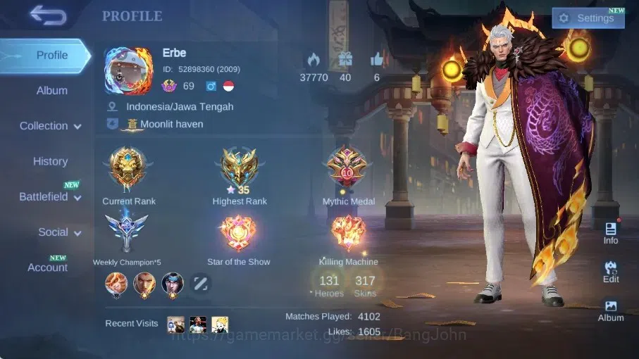 Mobile Legends: Bang Bang Accounts Collector Global|Skin 317|Exalted|Legend Lunox,KOF Karina,Exorcist Yu Zhong,DUCATI 1