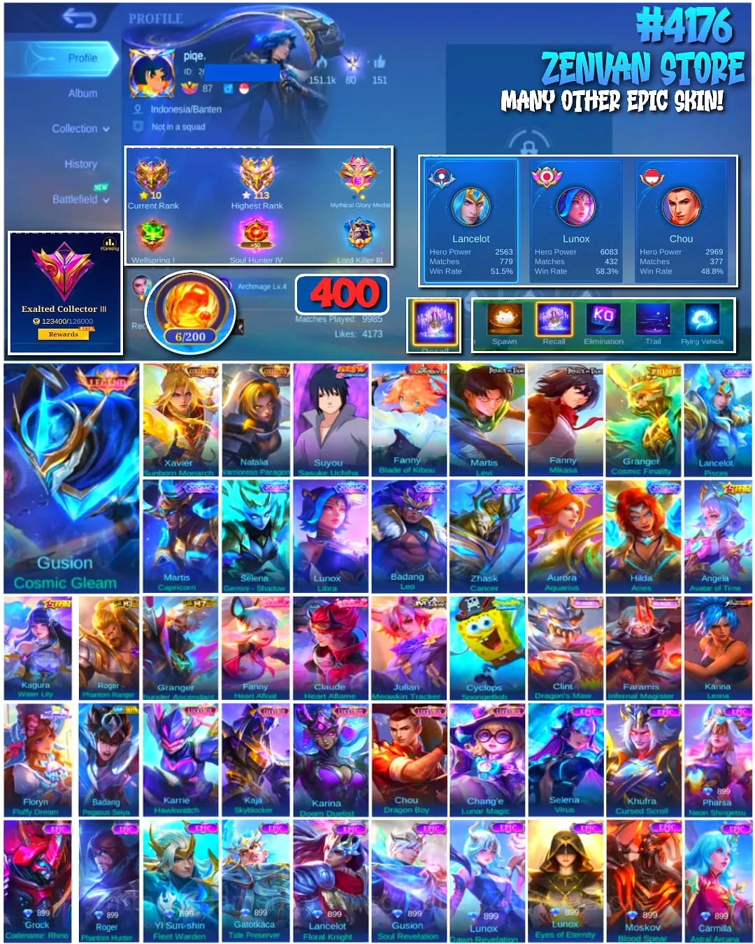 Mobile Legends: Bang Bang Accounts 🔥 #4176 🔥 💎 400 Skins 👑 Collector Xavier Sunborn Monarch ⚔️ Exalted Collector III 1