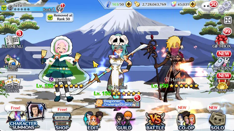 Bleach: Brave Souls Accounts Mid-Tier [GLOBAL]45K Orb|Halibel Cacao,Nelliel Orient,Renewed(Byakuya,Aizen),Kon New