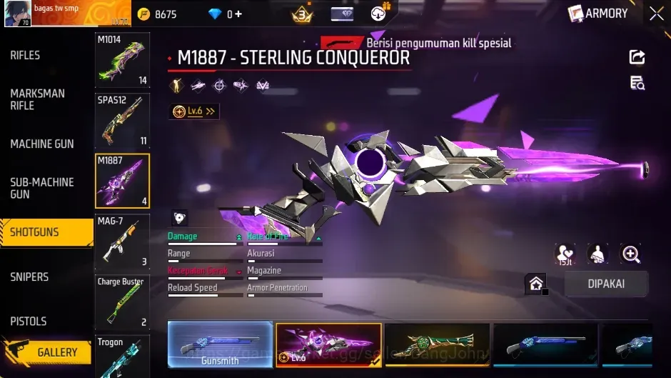 Free Fire Accounts Indonesia | 3 EVO: Groza, M1887, M1014 | M1187 Sterling Conuqeror, 3 More Skin | Electrify Bunny Bp 1
