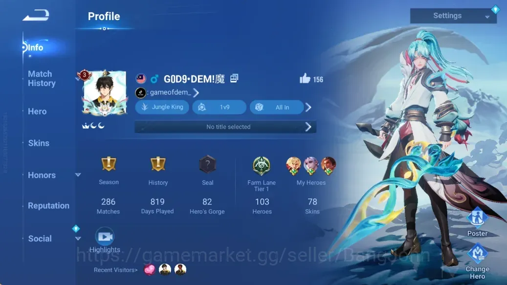 Honor of Kings Accounts Rare Skin Global|103H 78S|4 Legend:Allain,Lady Sun,Yao,Musashi|GrandMaster:Gan&Mo|LOM:Guiguzi|Check 1