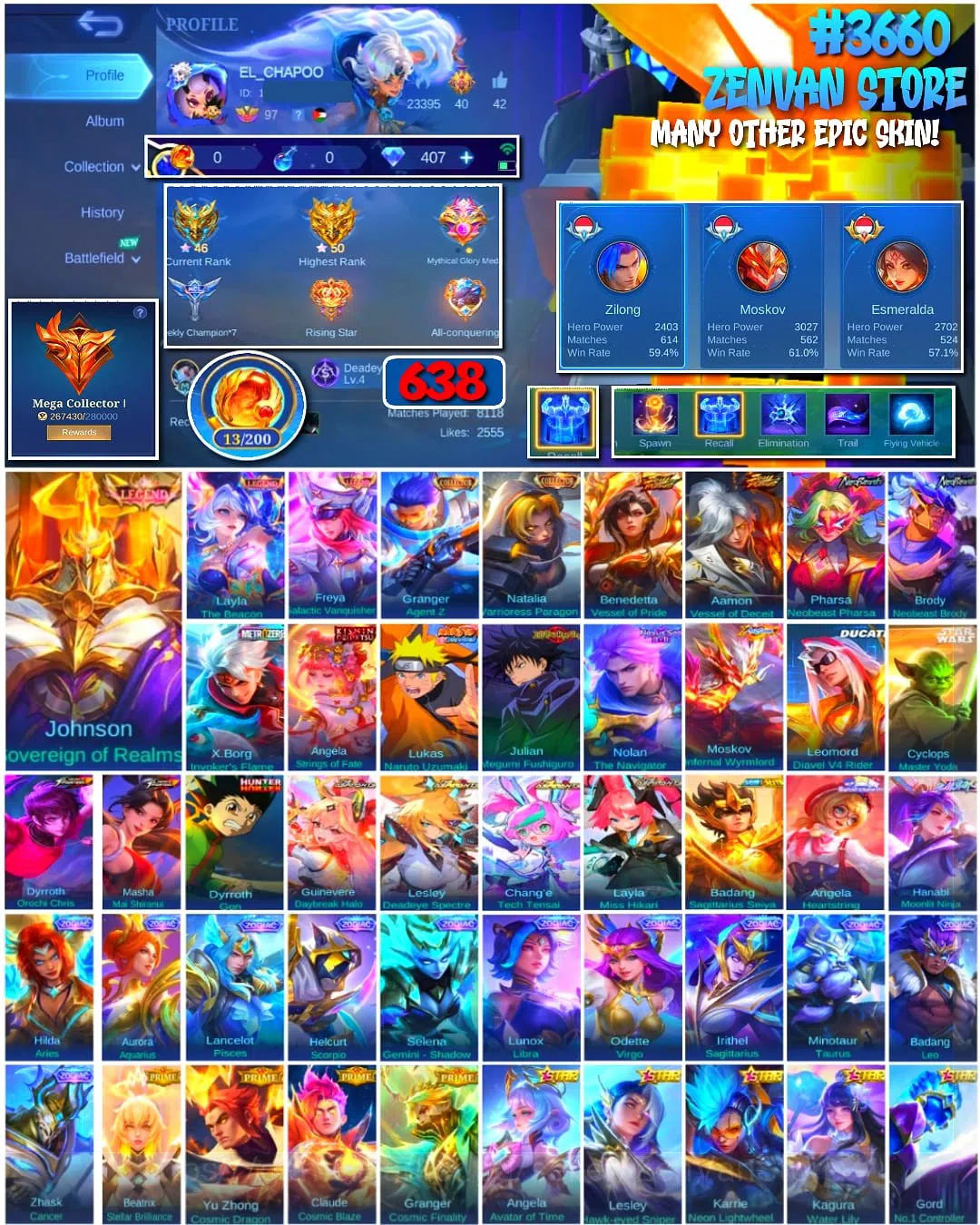 Mobile Legends: Bang Bang Accounts #3660 638 Skins | 3 Legends | 2 Collectors | Neobe image 1