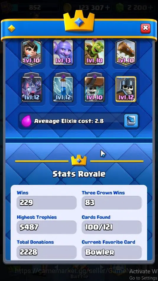 Clash Royale Accounts High-End Lv 852|KTL 12|Trophy 5487|Card 100/121|2 Hero,4 EVO 10 Legendary 31 Epic 30 Rare 29 Common|4 3