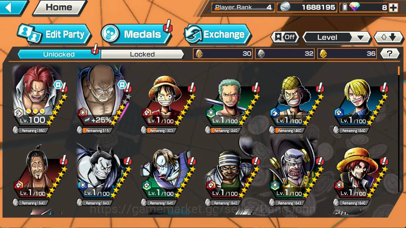 One Piece Bounty Rush Accounts Others GLOBAL | 3 ex, dd shanks, St ethanbaron, FR shanks, bikini hancock, kuma n bonney 3