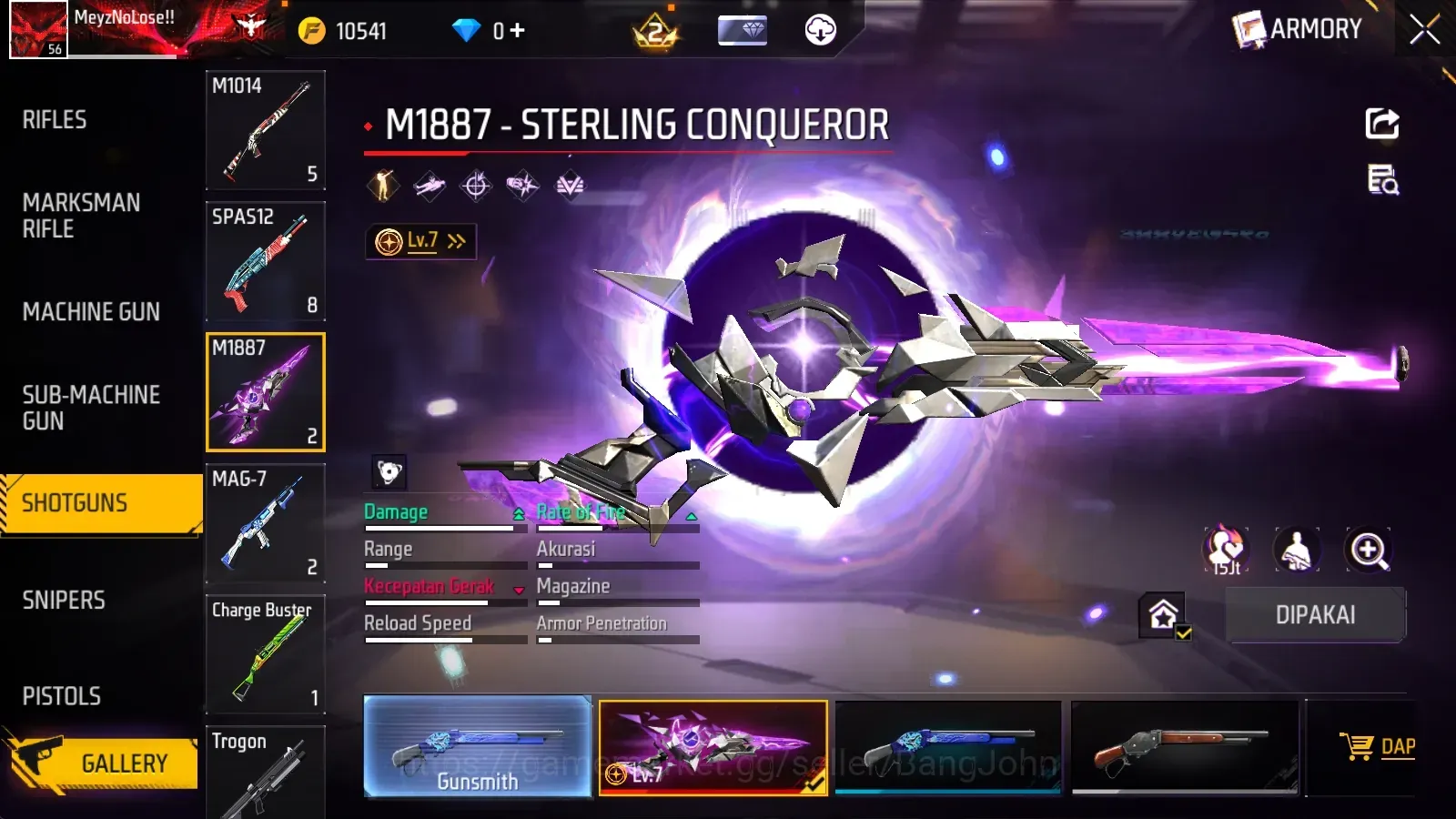 Free Fire Accounts Indonesia | 1 EVO ( M1887 LvMax)| M1887- Sterlin Conqueror,M60 Volcanic Whirlwind | Electrify Bunny 1