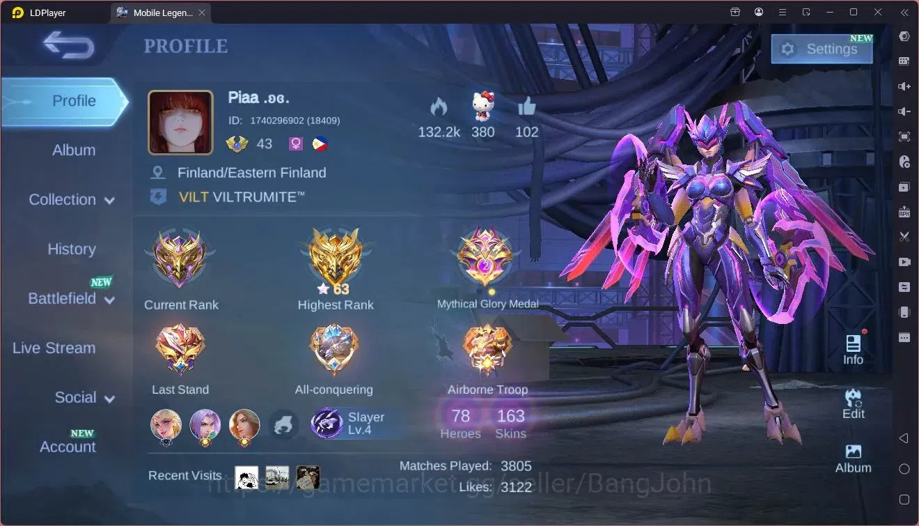 Mobile Legends: Bang Bang Accounts Global|Hero 78|Skin 163|Expert|KOF Karina|Prime Gr image 1