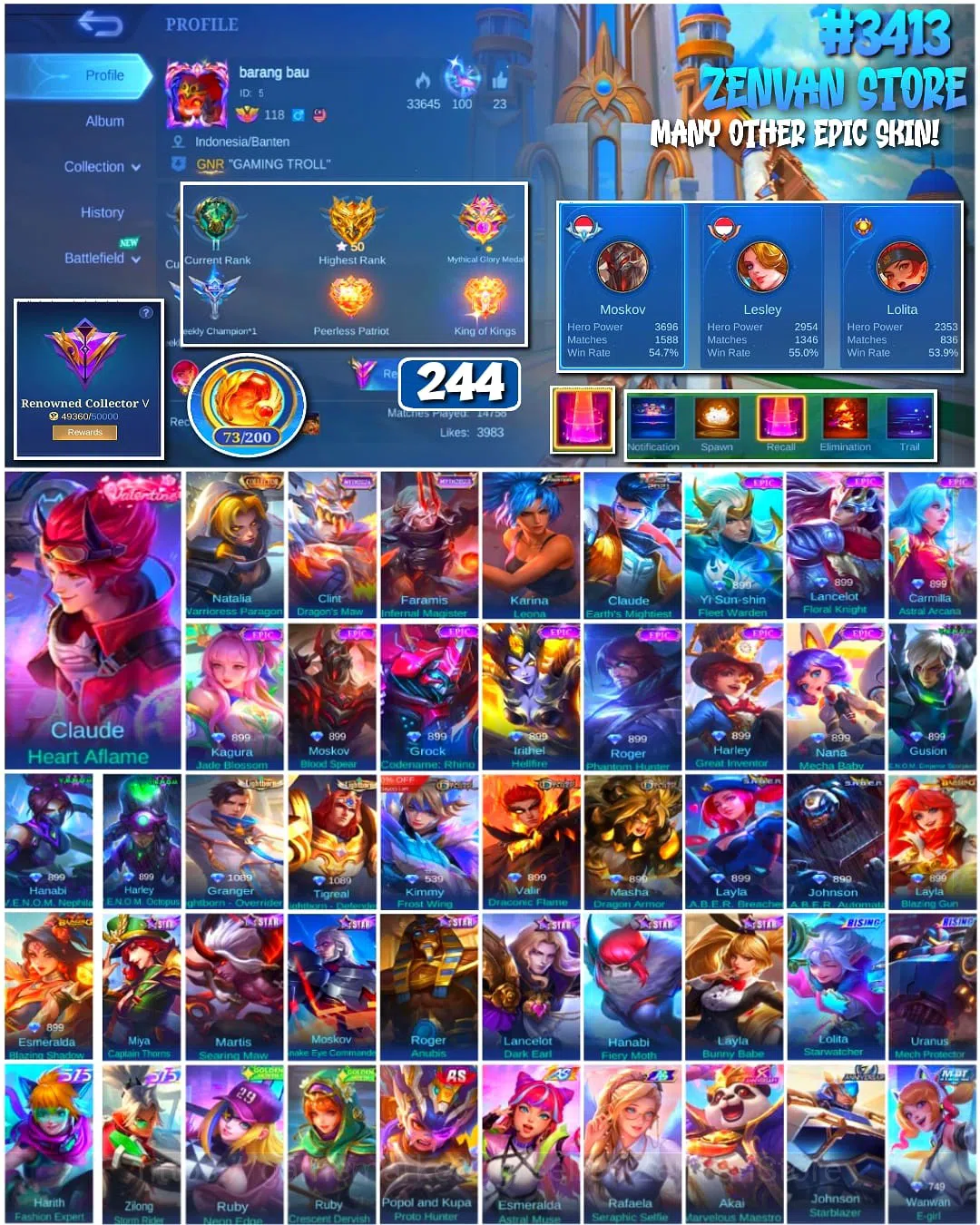 Mobile Legends: Bang Bang Accounts #3413 244 Skins | Collector Natalia | KoF Karina | image 1