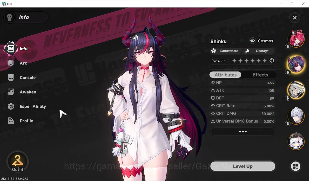 Neverness to Everness Accounts GLOBAL NA|HL8|TL1|4 S-Class (Shinku,Nanally),Hathor,Sakiri|1 S-ClassSelector|2 Limit 2