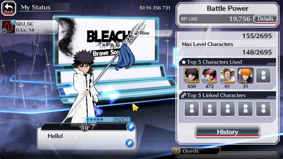 Bleach: Brave Souls Accounts Starter [GLOBAL]6k Orbs+Fresh All Story|Fierce Aaroniero,Soul Reaper Shuhei,Etc|Klab ID|Check 3