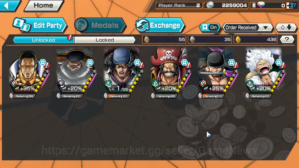 One Piece Bounty Rush Accounts Starter Global|6 EX|T5E ST.Jaygarcia,Gear5 Luffy,RO Roronoa Zoro,KING GOL D.Roger,AMS 3