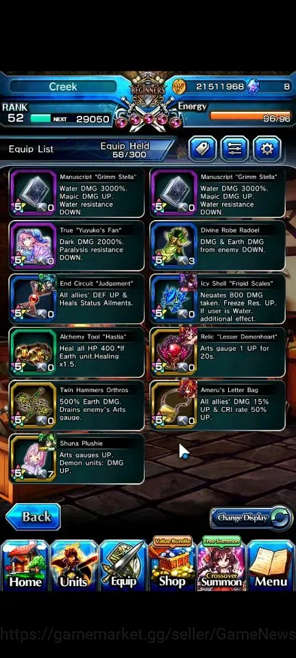 Grand Summoners Accounts End-Game Global|Rank 52|3 Ascend (Sella Source Witch,Misette,Yuyuka,Salgyouji)|Lpot 33|Check 10