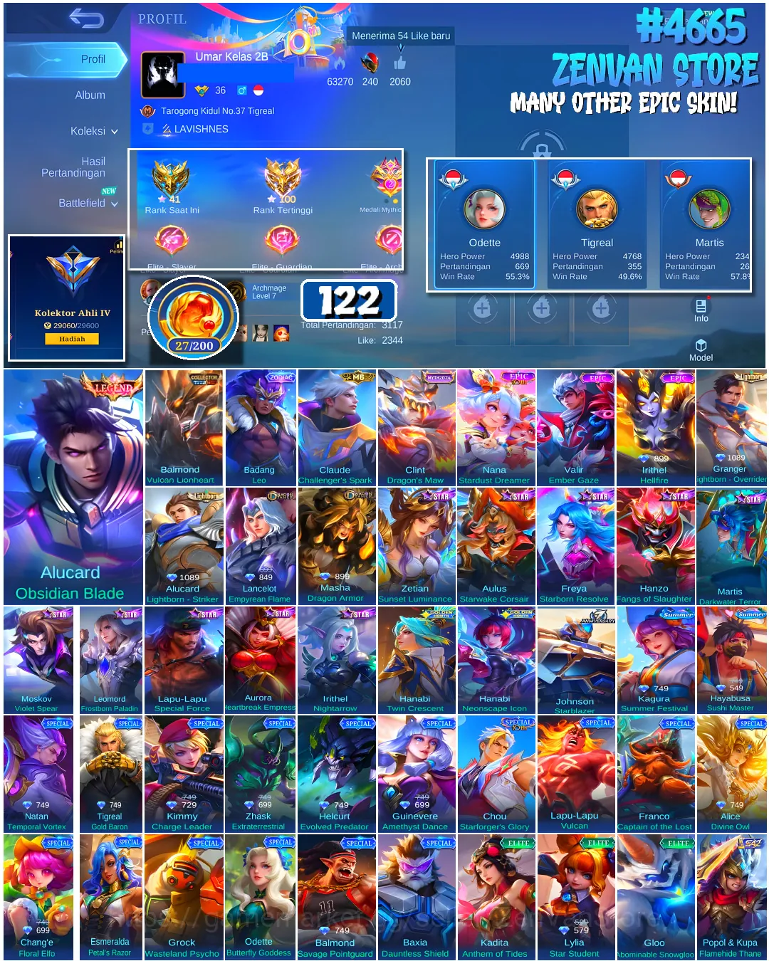 Mobile Legends: Bang Bang Accounts #4665 122 Skins | Alucard Obsidian Blade (LEGEND) | Irithel Hellfire (EPIC) | Nana 1