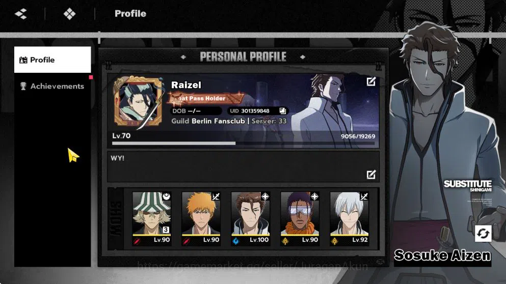 BLEACH: Soul Resonance Accounts NuverseSEA|END Lv70|8 SSR[(Aizen,Ichiban,UraharaB3,Ikkaku,Tosen,Byakuya,Yoru)+Sign,Gin]+12SR