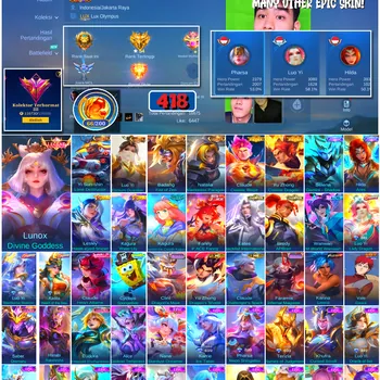 Mobile Legends: Bang Bang Accounts #4606 418 Skins | Lunox Divine Goddess (LEGEND) | Karina Leona (KOF) | Cyclops SpongeBob