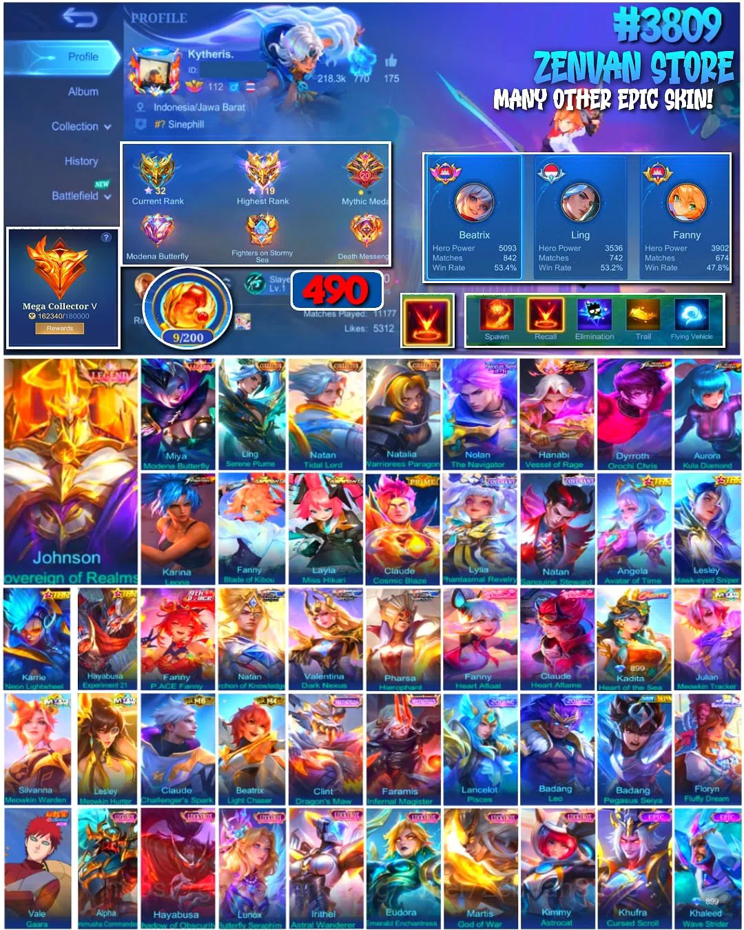 Mobile Legends: Bang Bang Accounts #3809 490 Skins | Legends Jhonson & Miya | Collect image 1