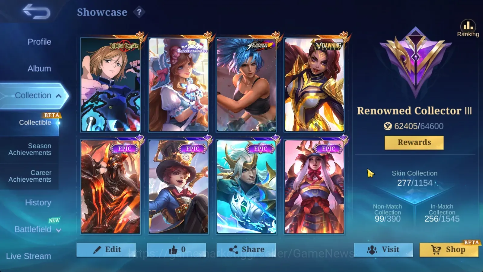 Mobile Legends: Bang Bang Accounts Collector Hero 133|Skin 277|High Immo 182|JJK Mesilla,Dawning Esme,Sanrio Floryn,Kof 1