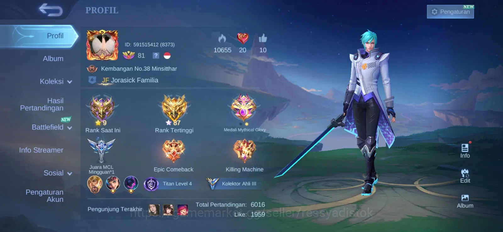 Mobile Legends: Bang Bang Accounts High Rank MLBB SKIN 182 | HERO MAX |EMBLEM MAX| EX GLORY *87, EPIC YI SUN SIN, LIGHBRONT 1
