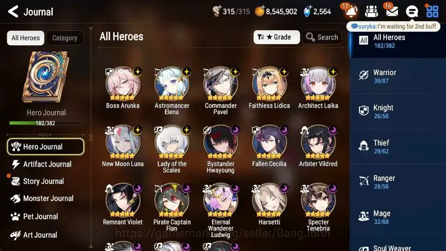 Epic Seven Accounts High-End ASIA | 18 ML(Zio,LOTScales,BArunka,FLidica,AVildred,Etc.)|PoH+Bless ON|SS 2.5K|Stigma 250K|Gold 4